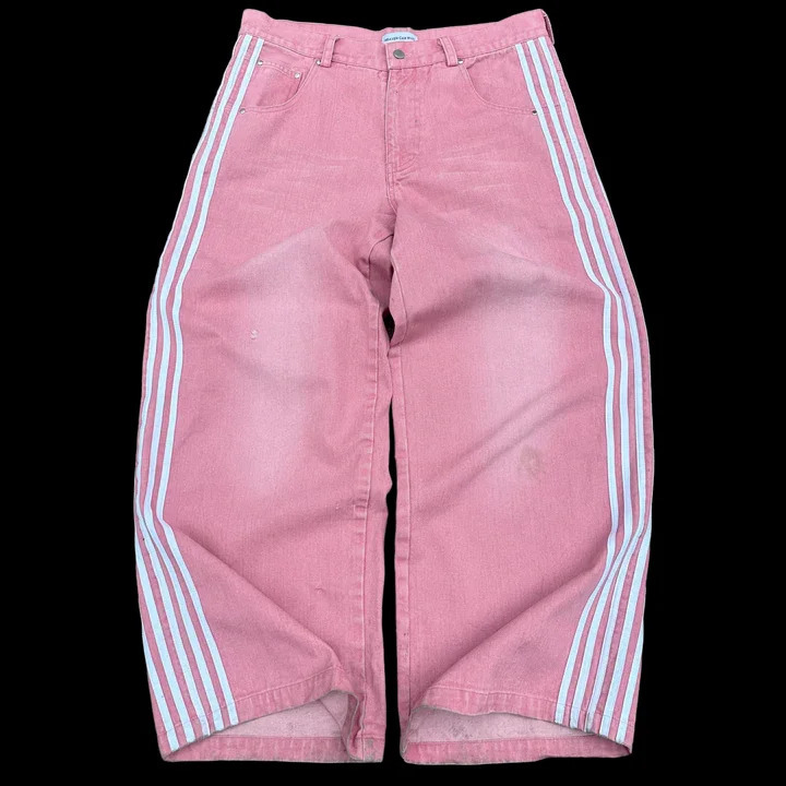 Korean Trend Kawaii Pink Striped Embroidery Baggy Jeans Womens Y2K Harajuku Hip-Hop Gothic Street High Waist Wide Trousers 250318