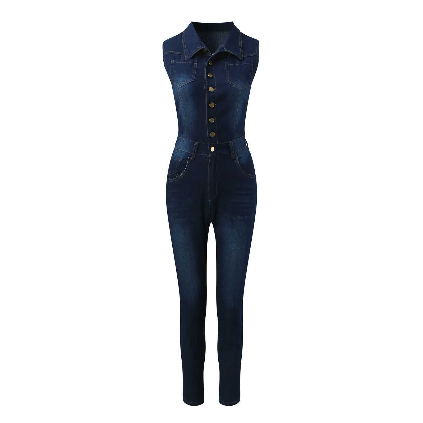 Denim jumpsuit for women elegant Vintgae Slvels lapel button ultra-thin jeans overalls fashionable high waisted Str one-piece jumpsuit X250318