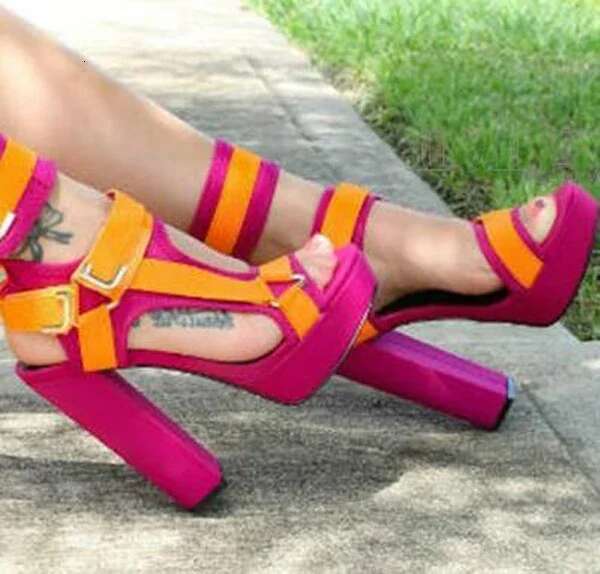 Sexy Women Platform Multi-Snakeskin Chunky Heel Sandals Buckle Strap Clasp Top Fuia Python Mixed Color Patchwork Party Sandal