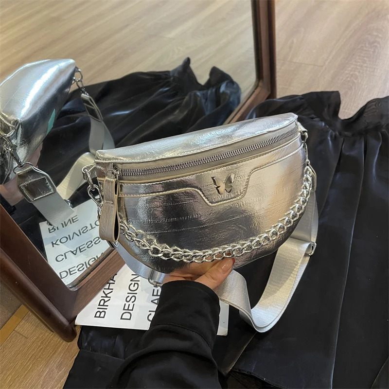Womens luggage casual banana bag fashionable cross shaped bag womens chain handbag womens waist bag half moon belt bag 250317