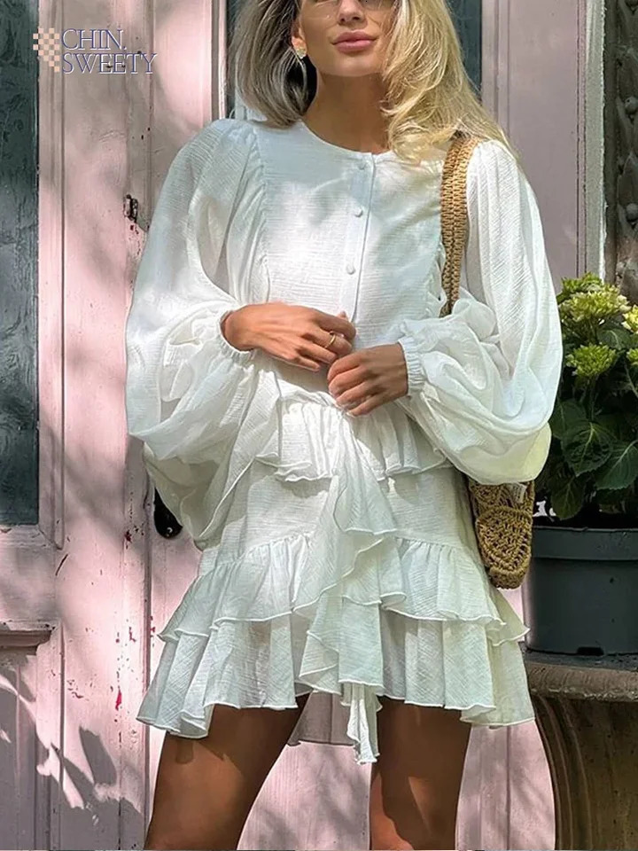 Elegant layered pleated hem mini dress chic loose O-neck lantern sleeves buttons A-line cake dress womens street vest 250314