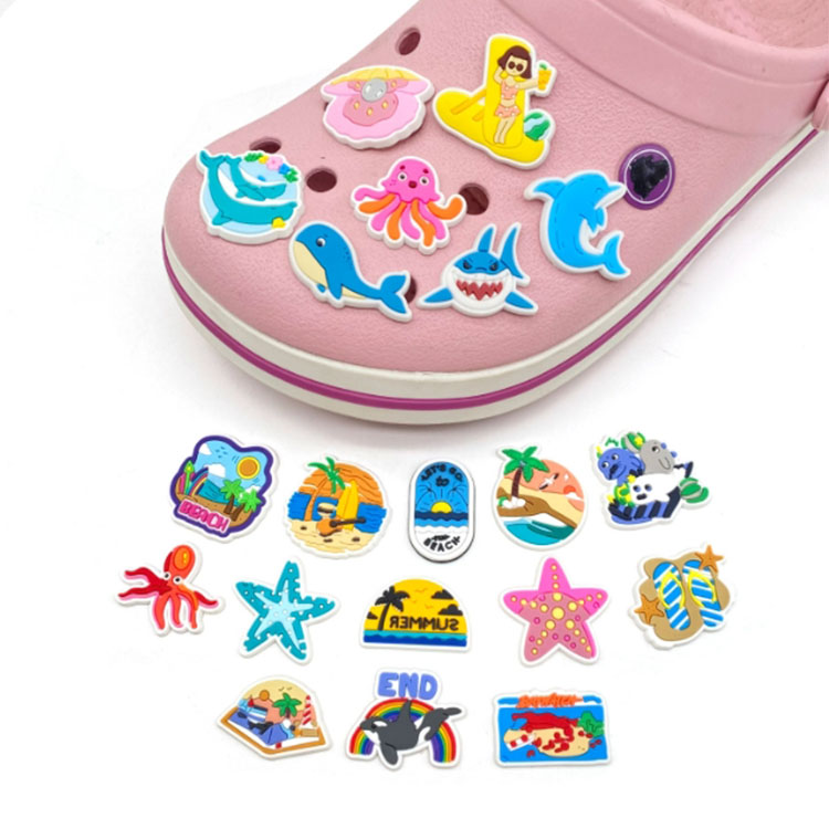 20pcs new style cartoon summer amorous feelings set DIY hole shoe charms fish beach blue colors clog accessories charms buckle