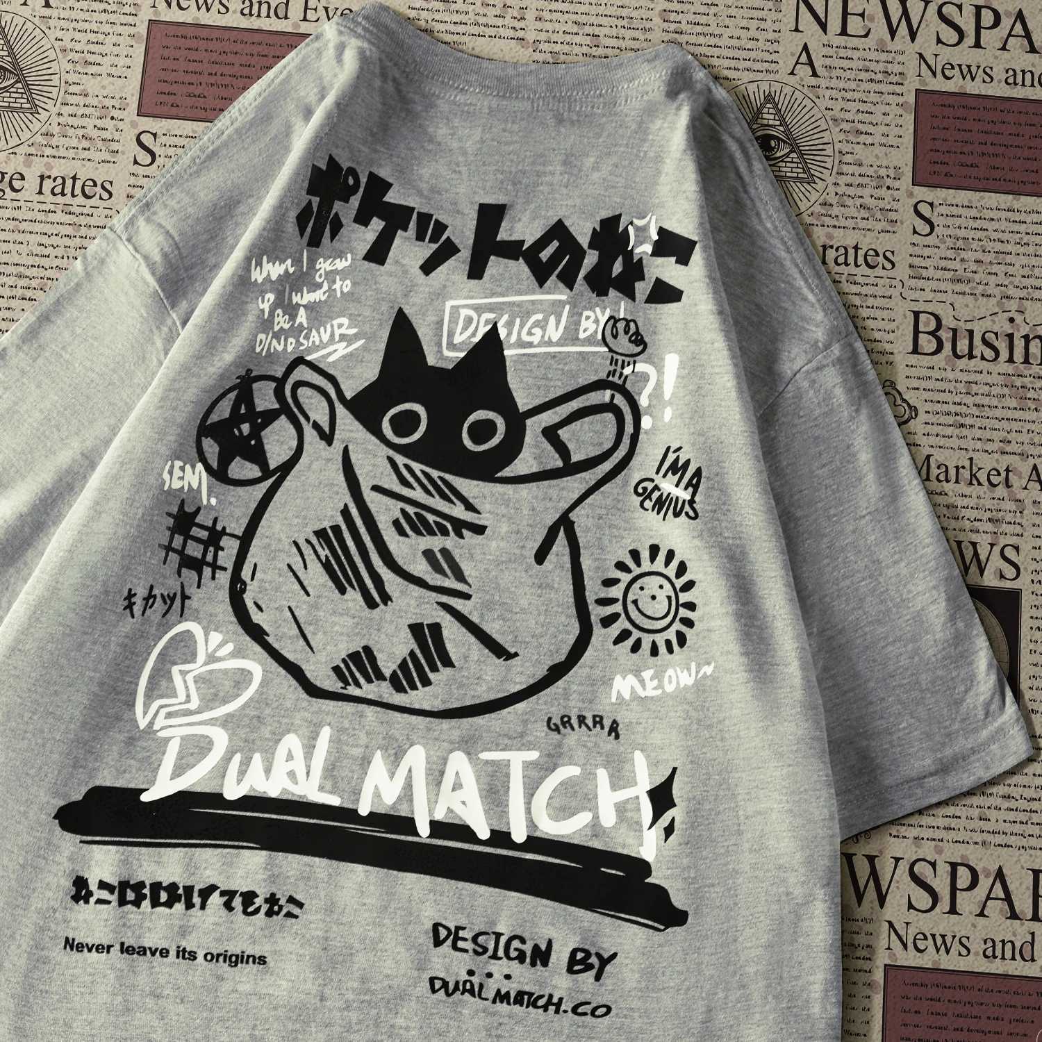 Men Women Cartoon T-Shirts 2024 Summer Harajuku Kawaii Cat Printed Short Sleeve Tees Couple Streetwear Loose Clothes Y2K TopsXJ250318