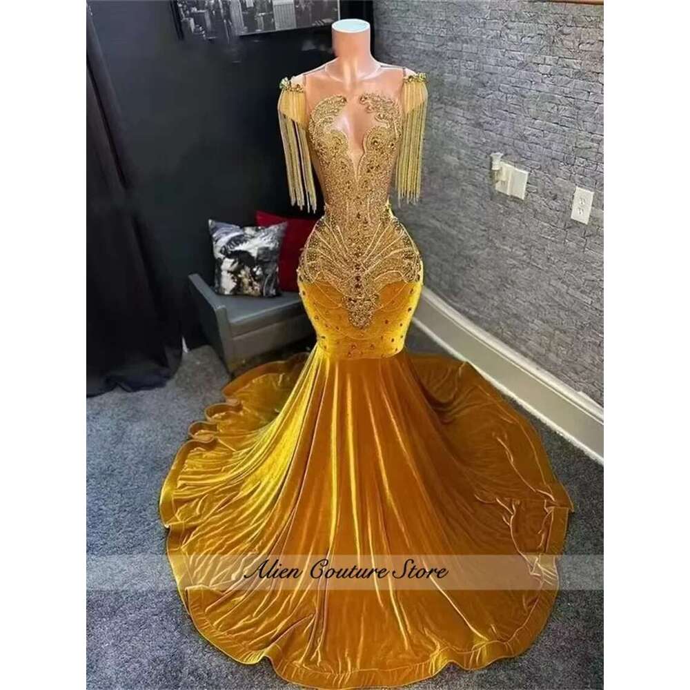 Exquisite Gold Velour Long Mermaid Prom Dress 2025 Glitter Beads Rhies Dias Tassels Birthday Party Gown Customized Dr0318