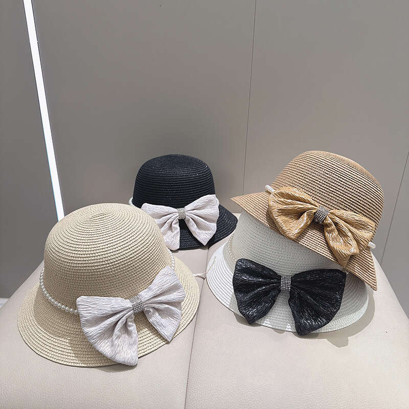Hepburn style oversized bow water dia fisherman fashionable sun protection and sunshade straw hat, small with eaves pot cap, women's hat