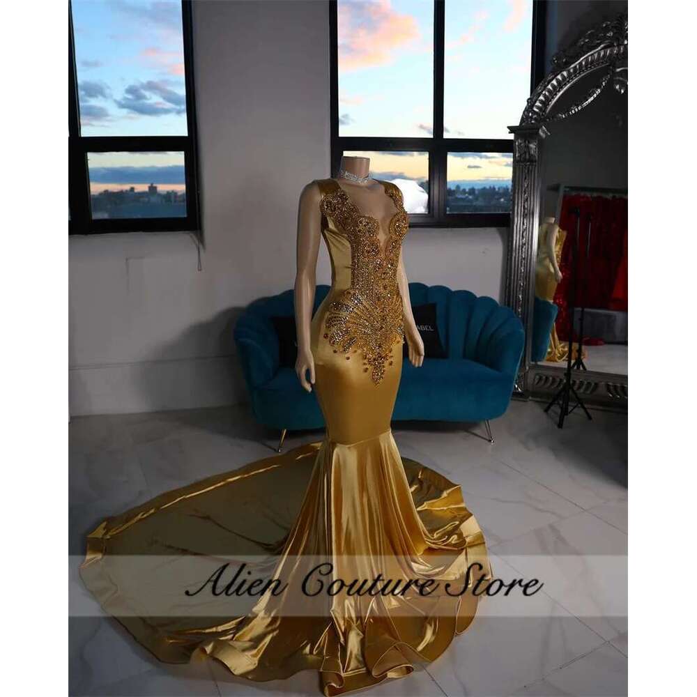Gold Mermaid Evening Dress Bead Crystal Dias Elegant Birthday Party Dresses Woman 2024 Prom Gown Customized Dr0318