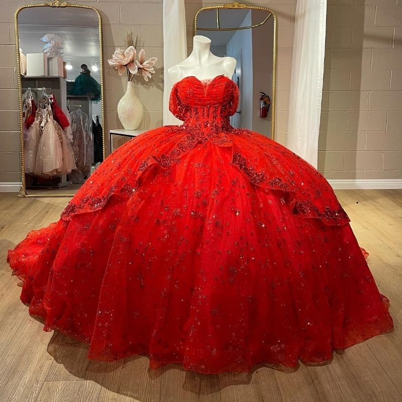 Red Shiny Quinceanera Dresses Off The Shoulder Ball Gown Applique Crystal Beading Tull Birthday Party Sweet 16 Dress Vestido De 15 Anos