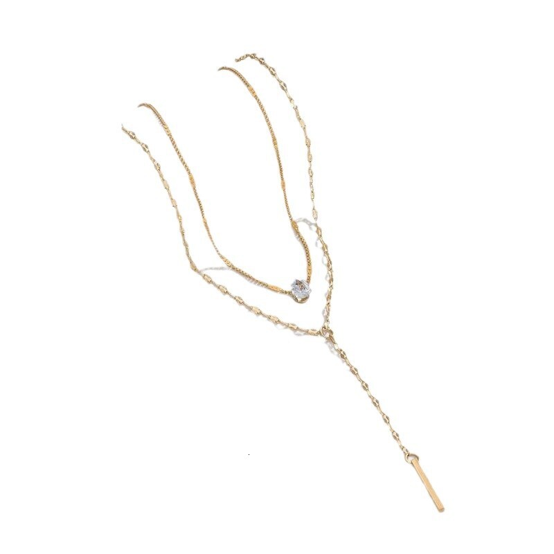Double Y Pendant Necklace Women's Crystal Zircon Water Drop Metal Vertical Bar Choker Jewelry