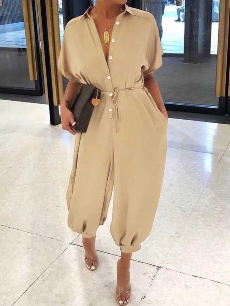 Summer fashion V-neck button up tie jumpsuit short Slve loose Playsuit jacket womens elegant leopard print pocket jumpsuit X2503181