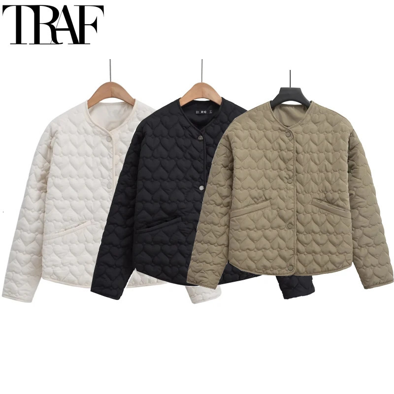 Traf winter jacket womens Parkas heartshaped quilted autumn long sleeved black and white apron warm lightweight 250318