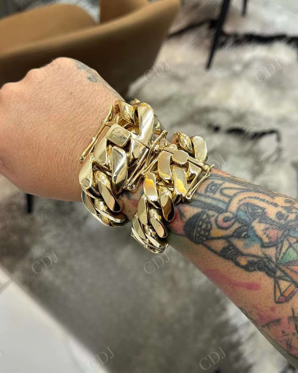 Simple pure yellow gold-plated Miami Cuban chain handmade large-sized hip-hop wrist men's bracelet