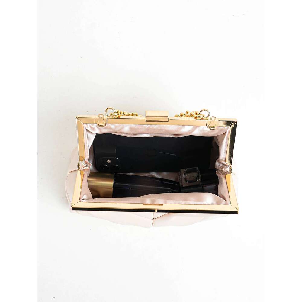 PC Matallic 1 PU Leather Elegant Pleated Kiss-Lock Closure Evening Bag,Shinny Metal Chain Holder Frame Cross Body Clutch Bag,Kis