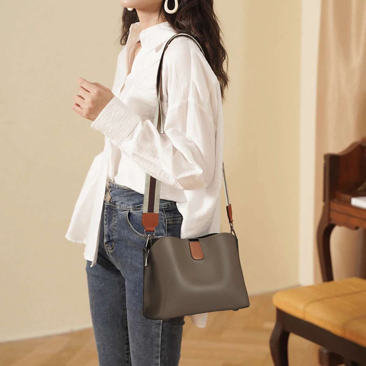 Foxer-Leather Shoulder Bag Women, Monogram Crossbody Handbag, Gift For Lady, Mom, Wife