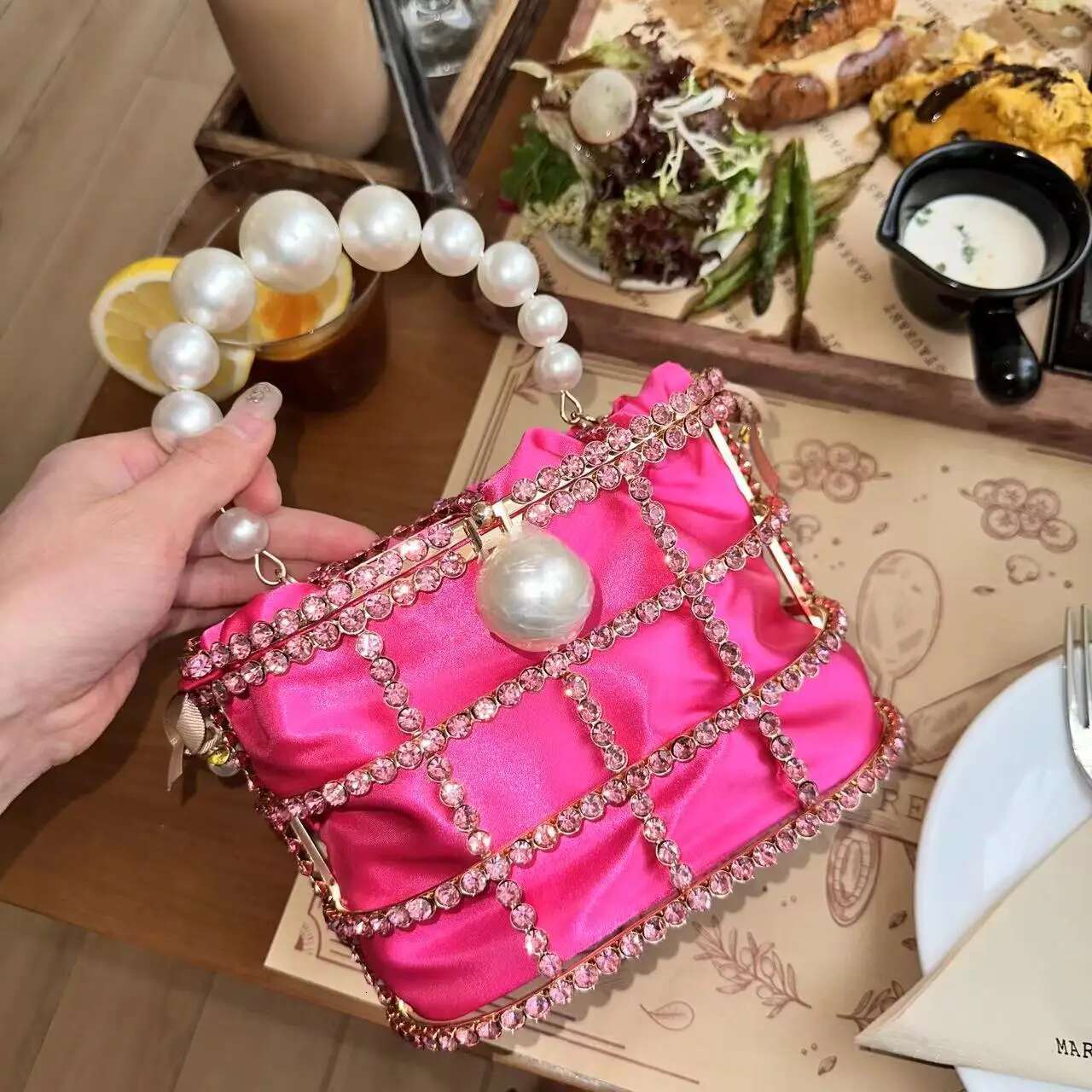Gold Metal Cage Shiny Rhies Dia Evening Pearl Beaded Women Handbag Wedding Party Clutch Purse Crossbody Bag