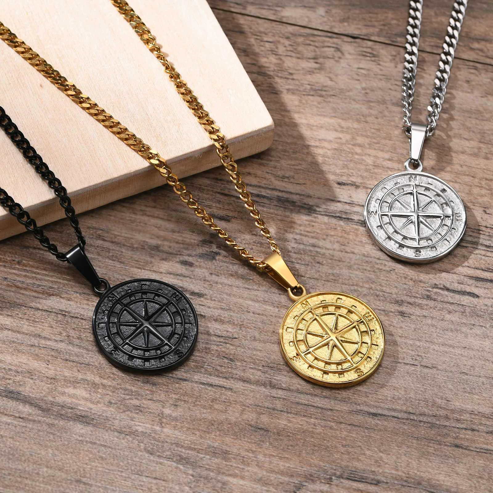 Golden mens compass necklace vintage Viking North Star anchor medal stainless steel pendant mens boyfriend dad gift W250318