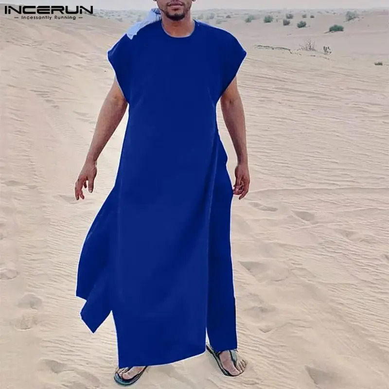 INCERUN Muslim Saudi Arabia Solid O-neck Sleeveless Kaftan Jubba Thobe Pants 2PCS Islamic Mens Clothing 250314