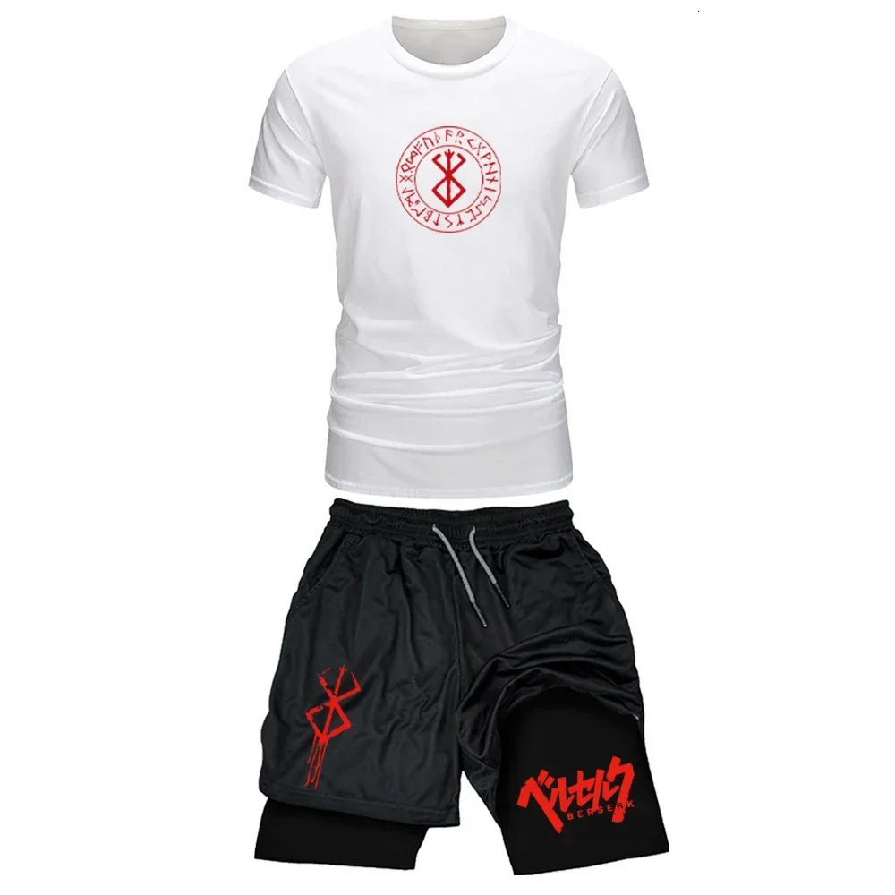 Mens Sports Streetwear Summer Breathable Casual T-shirt Set Outdoor Fitness 2-in-1 Compression Shorts Workout Track Clothes 250318