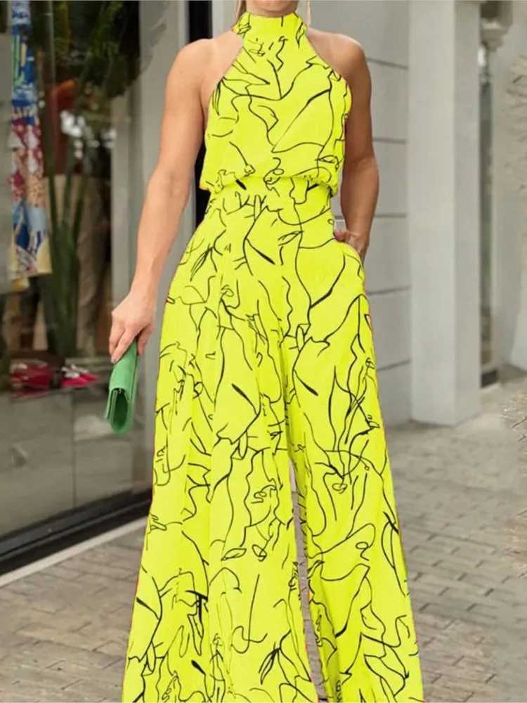 Spring and summer new womens fashionable printed round neck sexy strapless pendant neck ultra-thin fit pocket jumpsuit X250318