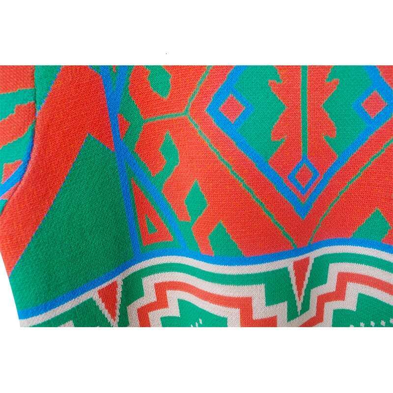 Summer Vintage Patchwork Geometric Pattern Sweater Women Fashion O-Neck Short Sleeve Knitted Pullover Tops Knitwear