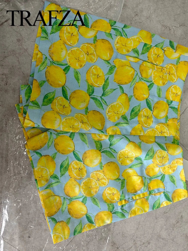 TRAFZA Women Yellow Lemon Print Casual Shorts Y2k Woman Fashion Summer High Waist Zipper Slim Shorts For Beach Party 250318