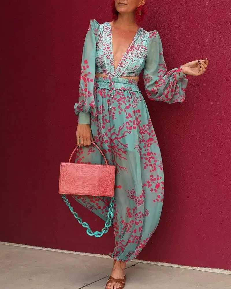2025 sexy V-neck jumpsuit summer long slip loose Playsuit full set womens elegant printed pocket jumpsuit wide leg pants X250318