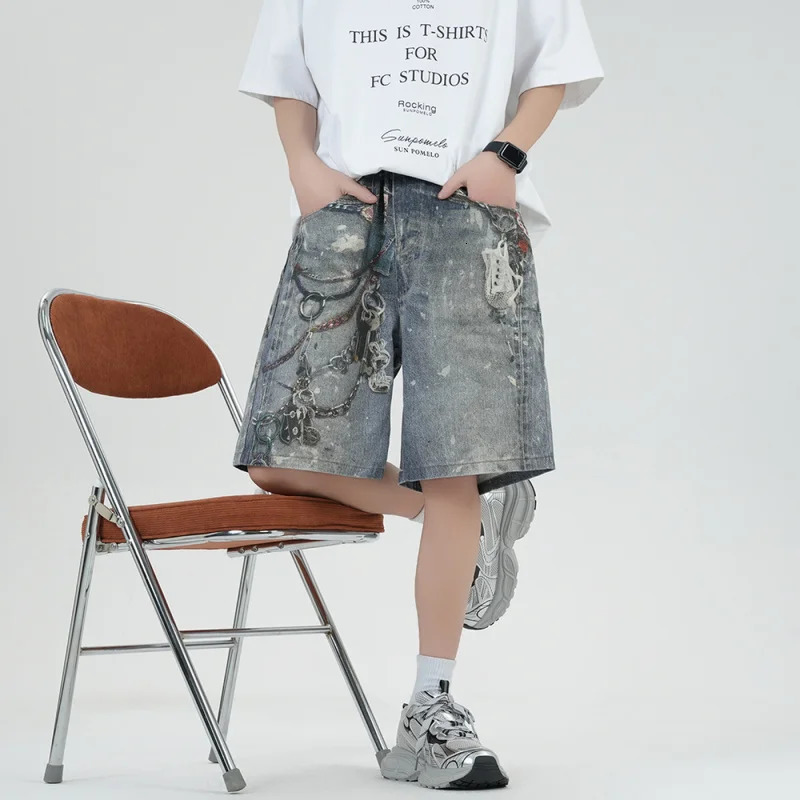 Mens Distressed Denim Shorts with Metal Chain Print Relaxing High Street Suitable for Retro Laundry City Clothing Jeans 250317