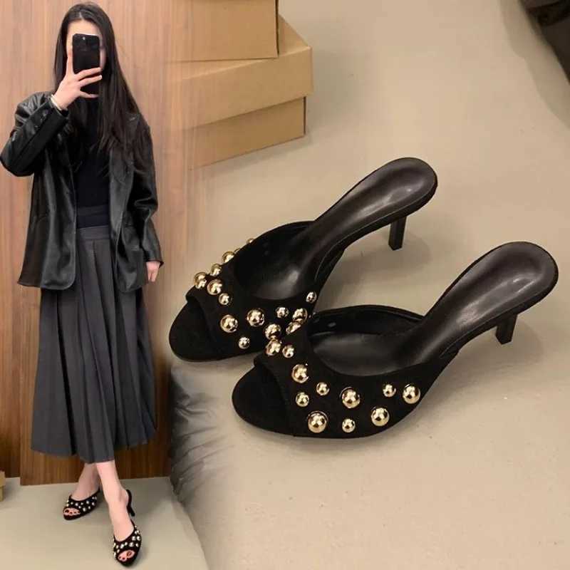 Studied Peep Toe Mes Stiletto High Heels with Gold Decoration Classic Sexy Lace Summer Sandals Party Casual Single Shoes Y250317