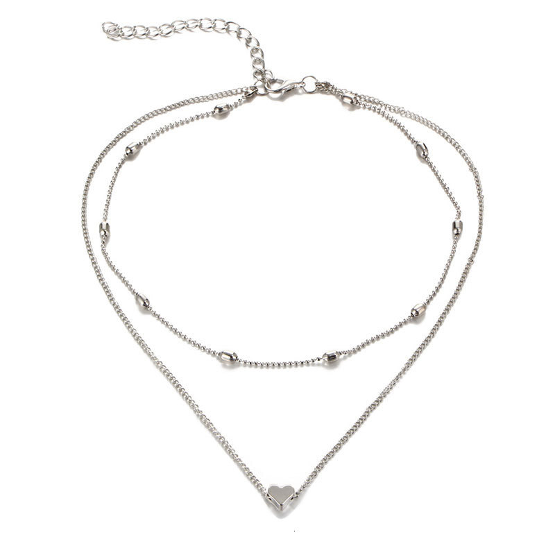 Double Bead Chain Love Pendant Necklace Women's Heart Multi-layer Choker Collarbone Chain Jewelry