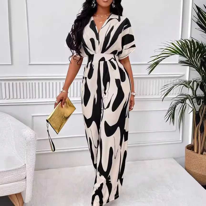 2024 Womens Wide Leg jumpsuit Spring/Summer Fashion V-neck Short Sleve High Waist Full body Printed jumpsuit Casual One Piece X250318