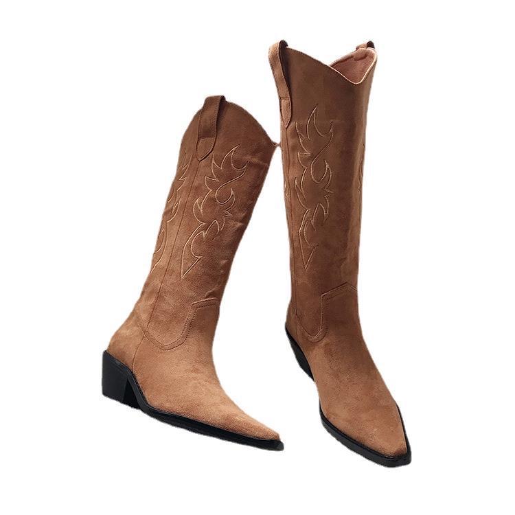 2025 new women's danxuefei natural leather 5cm chunky heel pointed toe slip-on autumn knee high western casual long boots hot c6d8