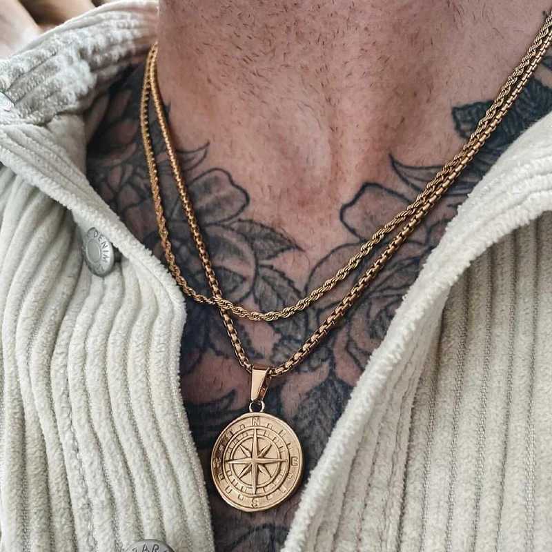 Golden mens compass necklace vintage Viking North Star anchor medal stainless steel pendant mens boyfriend dad gift W250318
