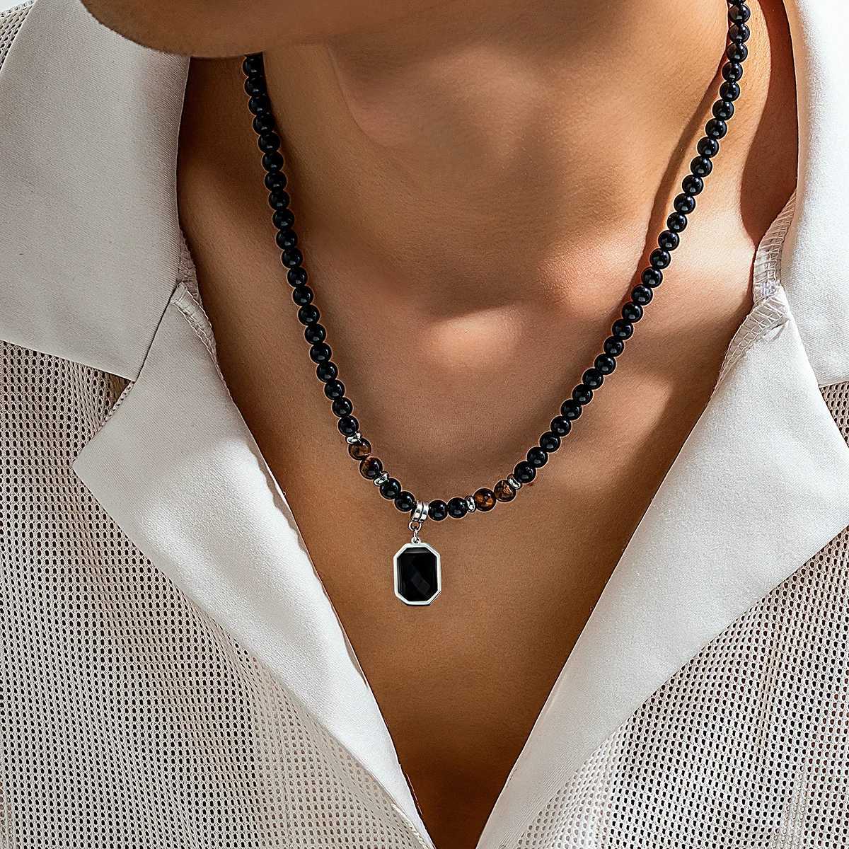 Salicon Simple Black Tiger Stone Beaded Clavicle Necklace Punk Geometry Stainless Steel Pendant Necklace Mens Casual Jewelry W250318