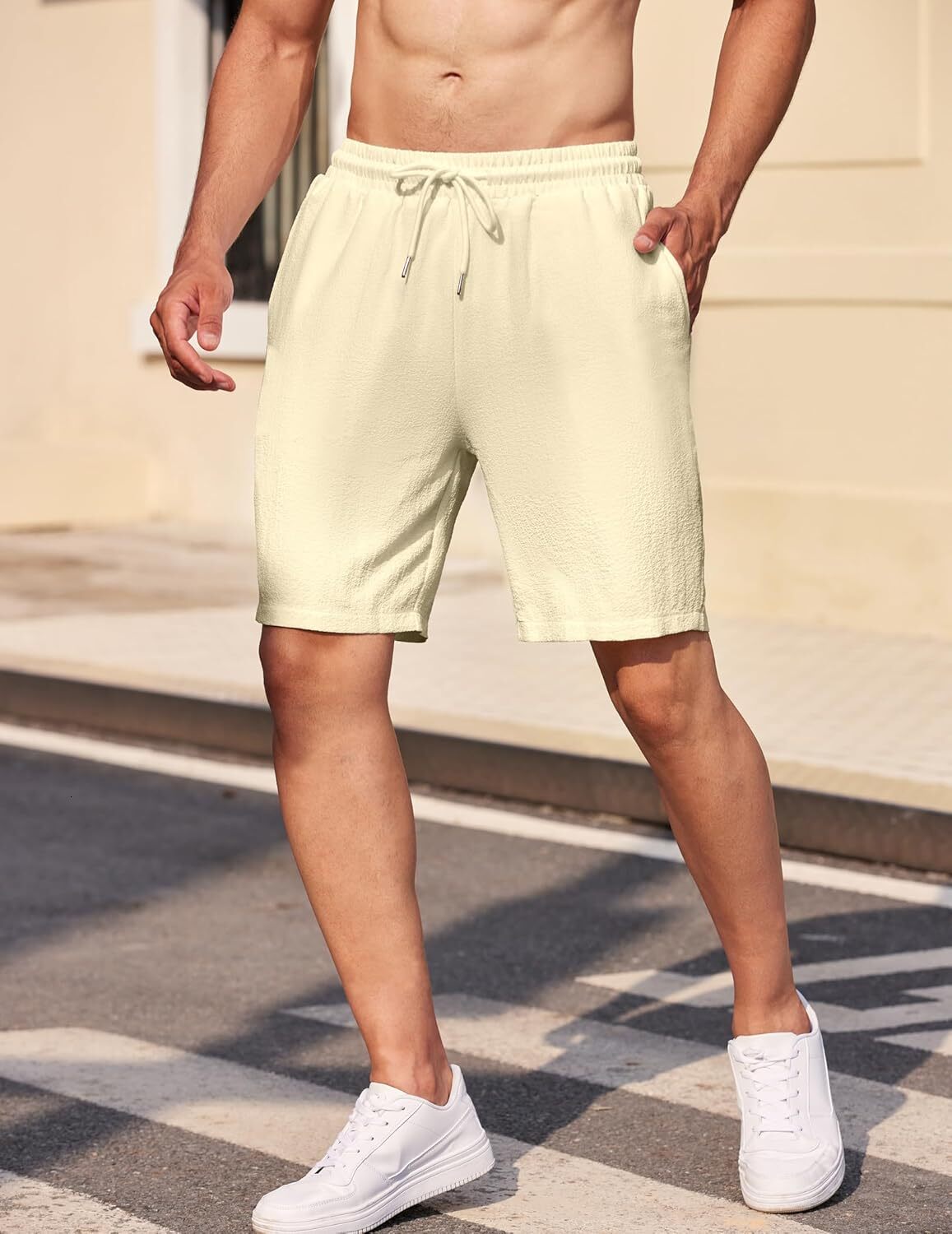 Mens Casual Shorts Elastic Waist Drawstring Textured Summer Beach Short Fashionable solid color