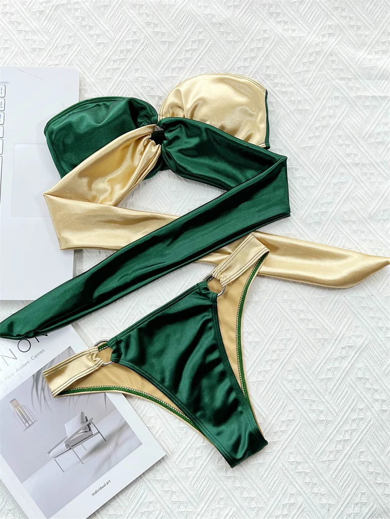 Para Praia Green Gold Bikini Sexy Strapless Bandeau Swimwear Women Brazilian Swimsuit Thong Biquini Bandage Bathing Suit 250318