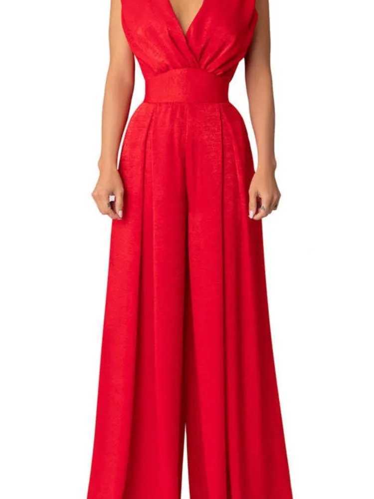 Jumpsuit Women Summer New Slveless Sexy Dp V-neck Solid Color High Waist Wide Leg Jumpsuits Elegant Commuting Lady Playsuits X250318