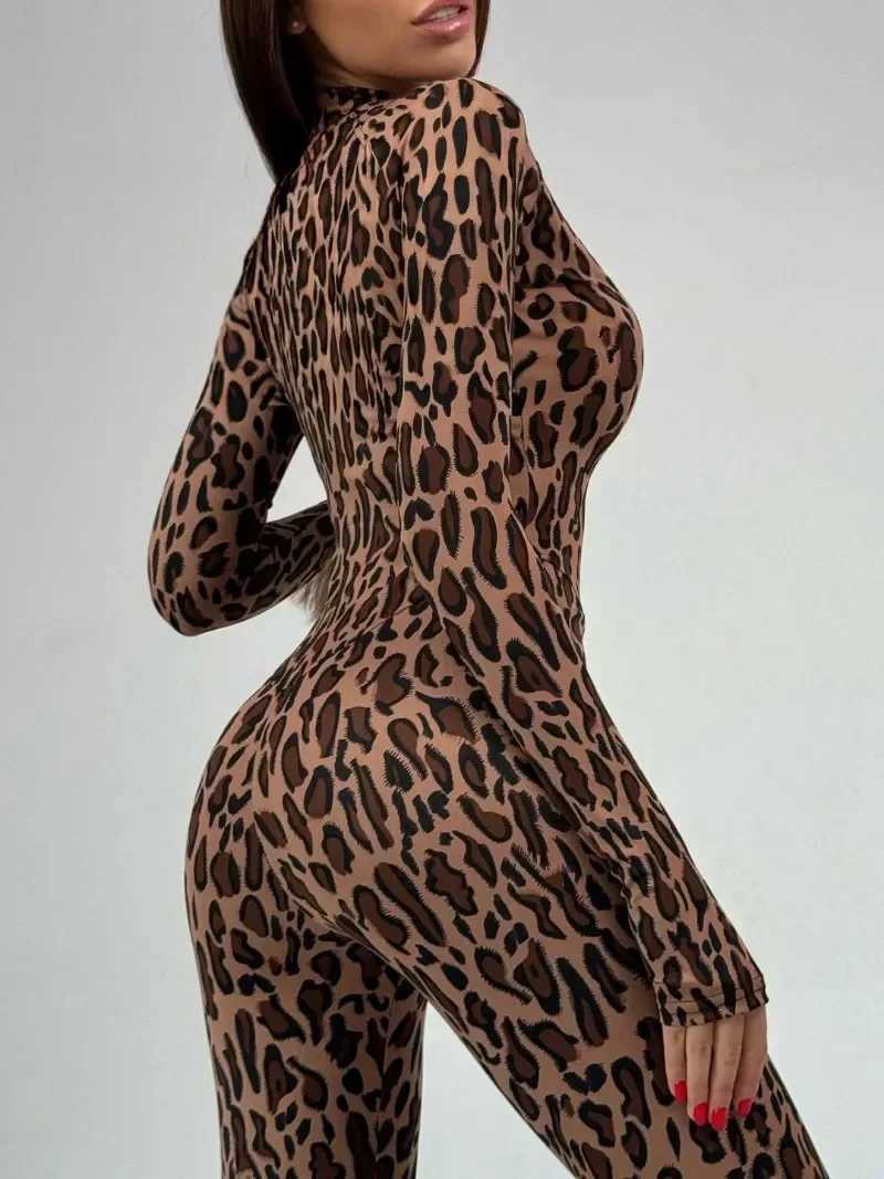 Womens 2025 Zipper jumpsuit Sleve leopard print one-piece tight fitting womens high waisted Tunics Sports Overalls X250318