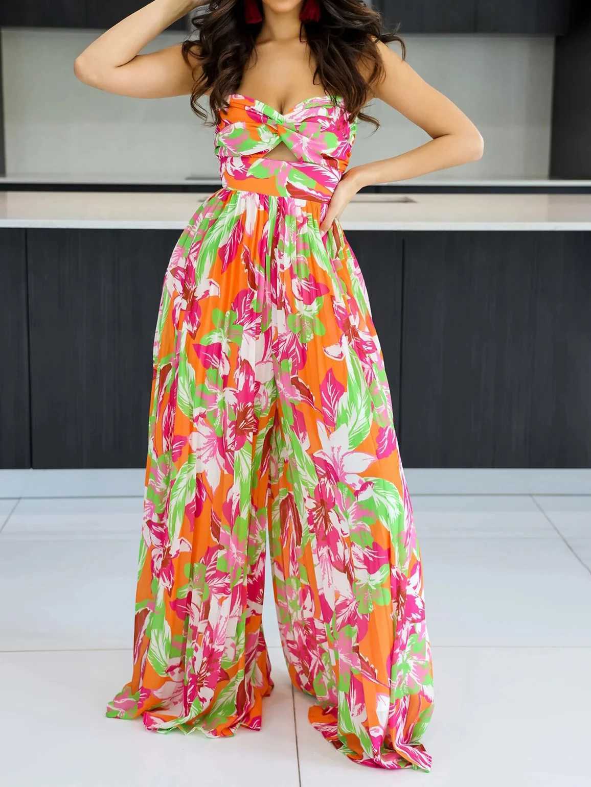 Summer elegant womens floral print jumpsuit strapless high waisted casual legs X250318