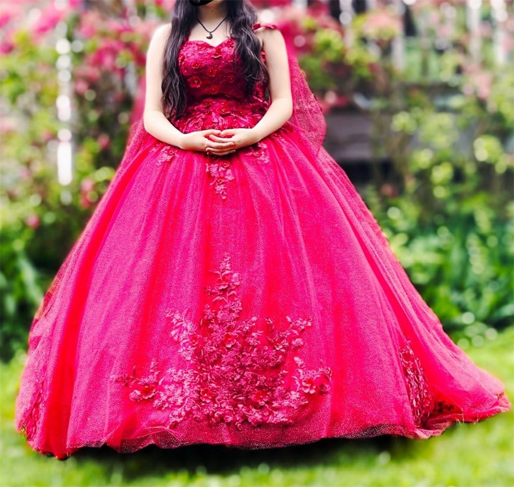 Ball Gown Quinceanera Dresses Rose Red Beading Appliques Sweetheart Lace-up Tulle Plus Size Sweet 15 16 Princess Birthday Party Gowns Vestidos De 15 A