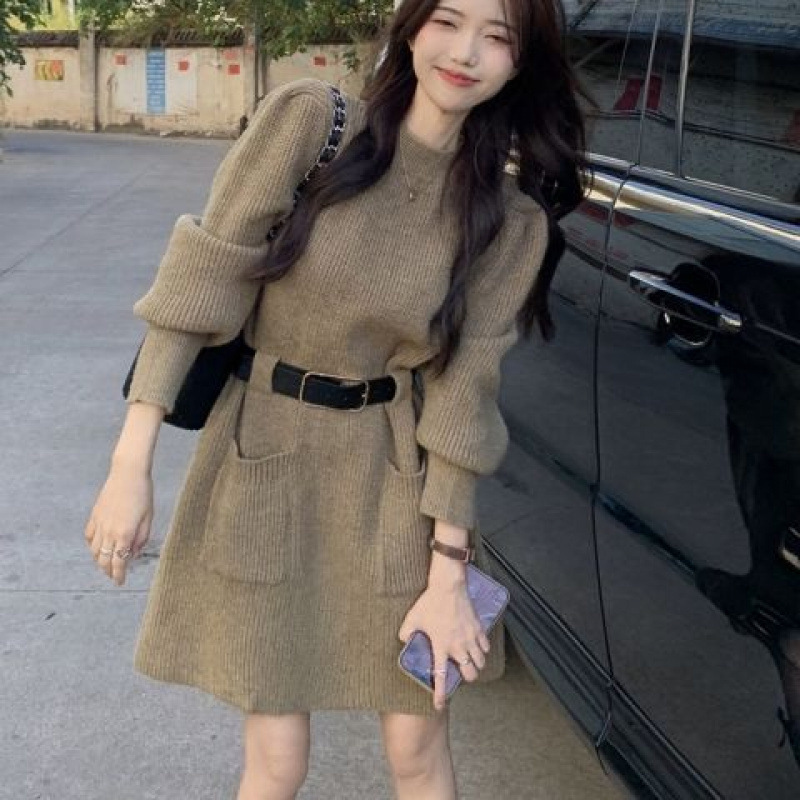 L1380 knitted dress women's autumn new waist slim design half-length sweater dress