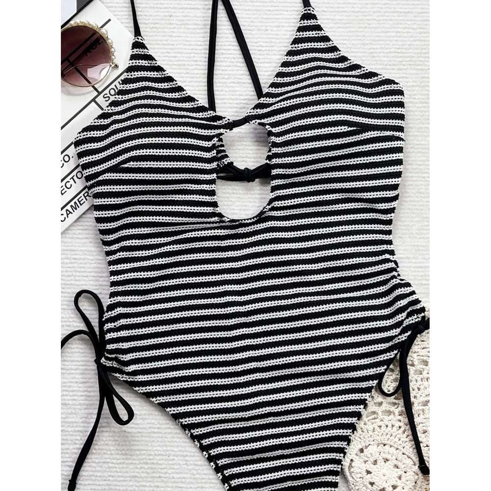Sexy Black Stripe One Piece Swimwear Women Liquor Hollow Lace Side Back Nude Lace Swimwear Belly Control Swimwears