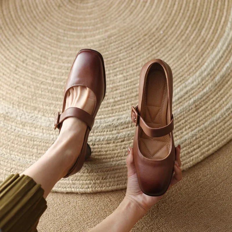 Mary Jane Pumps Women 2025 Spring Genuine Cow Leather Medium Block Heel Handmade Quality Comfortable Breathable Shoes 250318