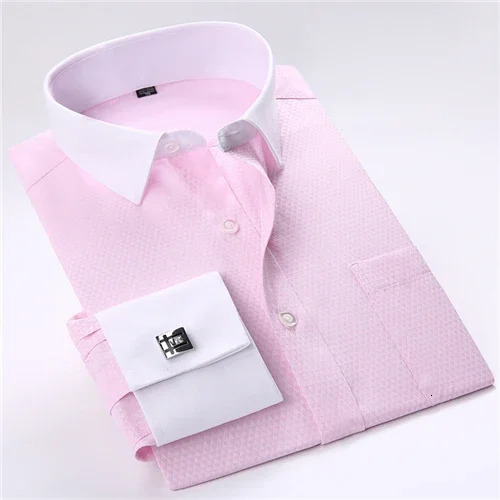 Mens Business Contrast Collar French Cuff Dress Shirts Single Patch Pocket Regular-fit Long Sleeve Social Wedding Party Shirt 250318