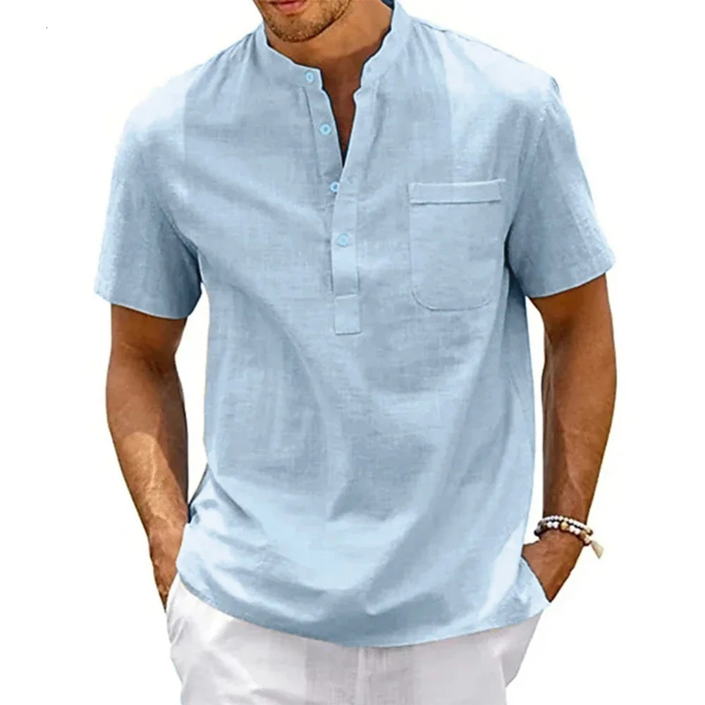 Cotton Linen Shirt Men Henley Neck Pocket Casual Beach Short Sleeve Solid Color Male Tops T-shirts Vintage Streetwear 250318