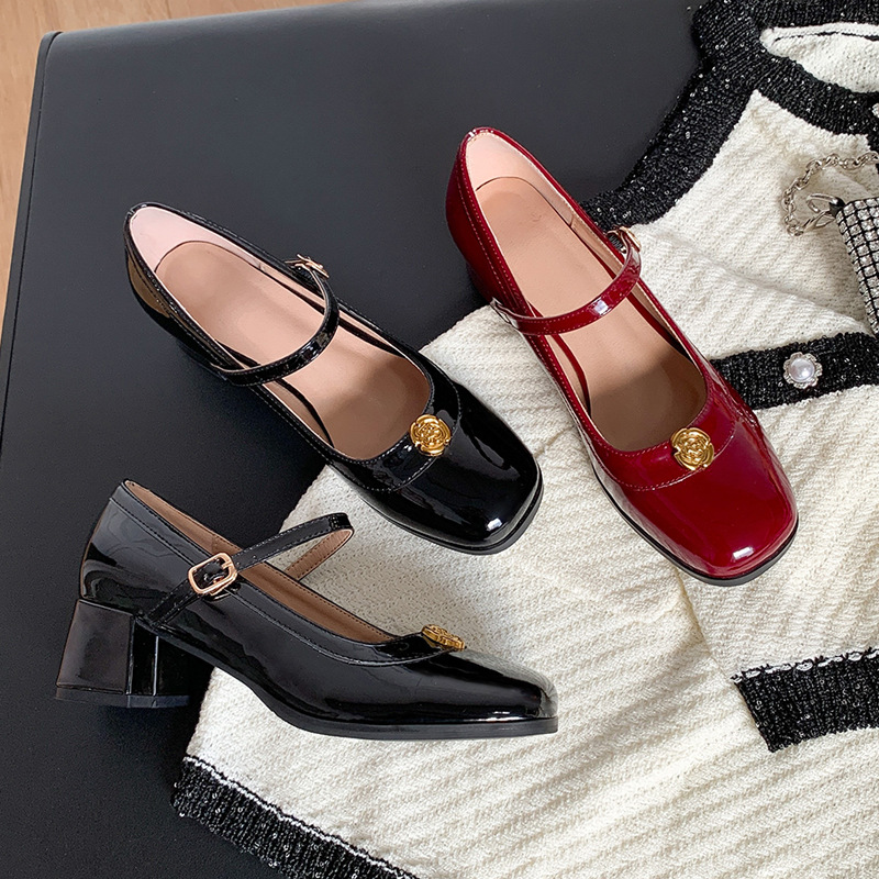 Women's single shoes new spring 2025 high heels square-toe slip-on chunky heel shoes Mary Jane shoes with one-word buckle and shallow mouth