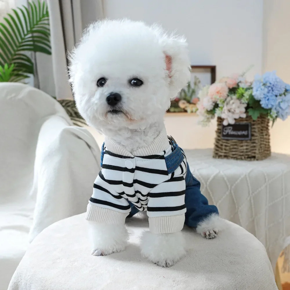 Cute cartoon puppy top boy classic striped jeans jumpsuit suitable for small midrange dogs Chihuahua French Bulldog clothing 250318