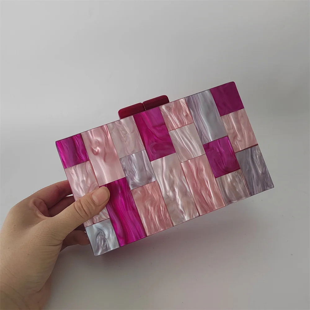 Pearl Rose Pink Plaid Acrylic Box Evening Clutch Bags Wedding Women Dinner Dress Purses er Ladies Chain Handbag Chic 250318