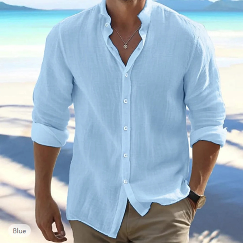 Cotton Linen Mens Long-Sleeved Shirts Summer Solid Color Stand-Up Collar Casual Beach Style Plus Size 250318