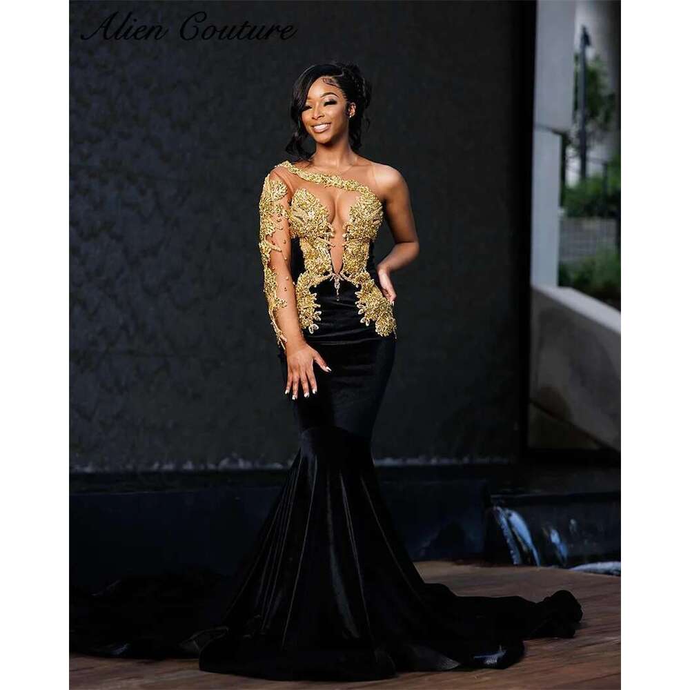 Black Velour Mermaid Prom One Shoulder Beading Gold Crystal Rhie Birthday Dress Women Evening Gown Customized Dr0318