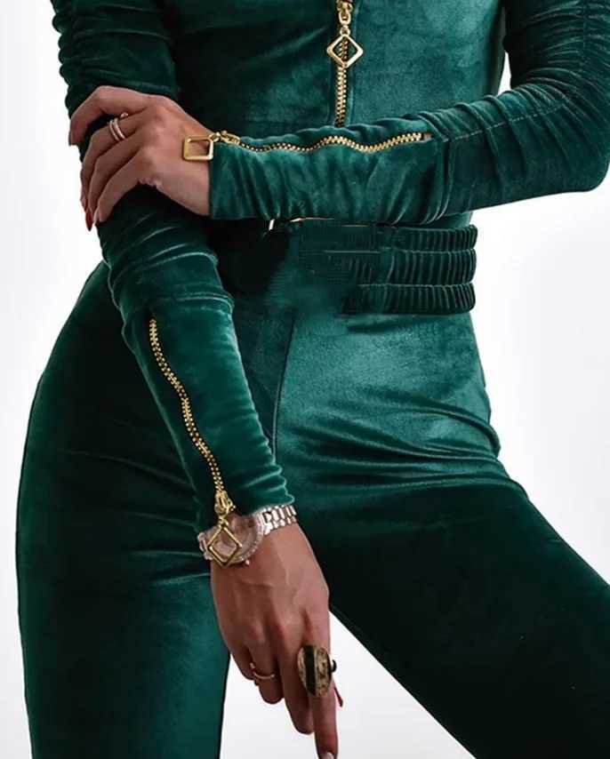 Womens Jumpsuit Elegant Fashion Solid Zipper Design Ruched Stand Collar Long Slve Velvet Jumpsuit With Elastic Waistbelt X250318