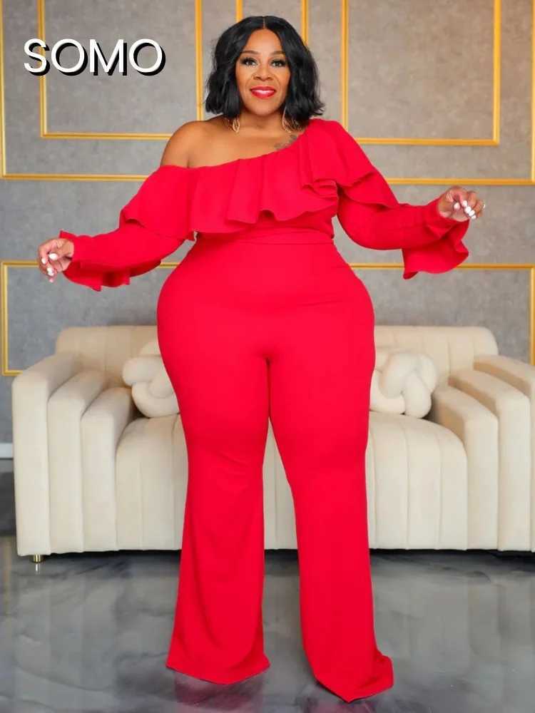 SOMO Plus size womens jumpsuit one-piece long Sleve 2024 solid color sexy loose oblique shoulder jumpsuit wide leg straight run X250318
